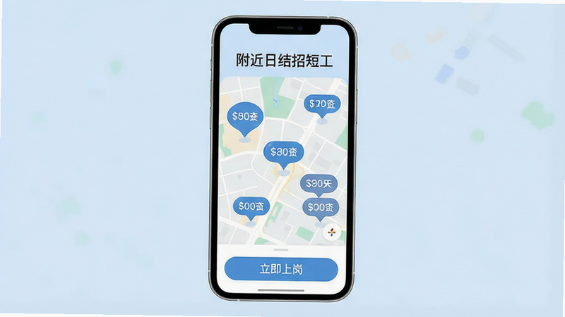 生成一张现代简约风格的APP界面概念图,主体为手机屏幕,屏幕中央显示地图界面,地图上分布着多个带有工资数字的气泡标记,背景为柔和的浅蓝色调,顶部有