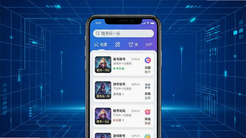 一张展示“租号玩一玩”APP界面的概念图,主体为手机屏幕,显示游戏账号列表,背景为蓝色科技感网格,布局简洁,排版清晰,风格现代扁平,细节包含搜索栏和分类图标,画质高清,干净,无多余元素,文字“租号玩一玩”清晰可见