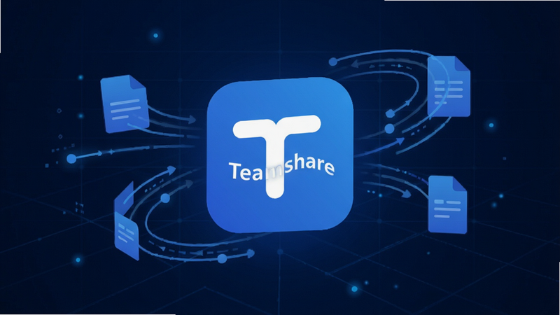 主体:Teamshare 软件图标悬浮在中央,背景为深蓝色科技感网格。布局:图标居中,周围环绕着抽象的文件流线条,象征数据同步。排版:简洁现代,无多余装饰。风格:扁平化设计,企业级蓝色调。细节:图标清晰,线条流畅,体现速度与连接感。画质:4K,干净,无多余元素,无文字