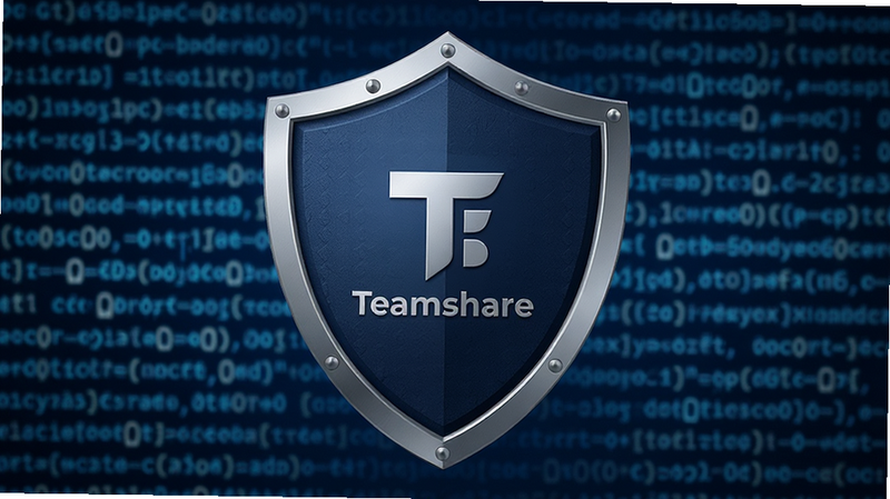 主体:一个坚固的数字盾牌,中心有 Teamshare 标志。布局:盾牌居中,背景为模糊的安全代码流。排版:稳重可靠,突出保护感。风格:安全科技风,深蓝与银色搭配。细节:盾牌表面有细微纹理,代码流缓慢流动。画质:高清,干净,无多余元素,无文字