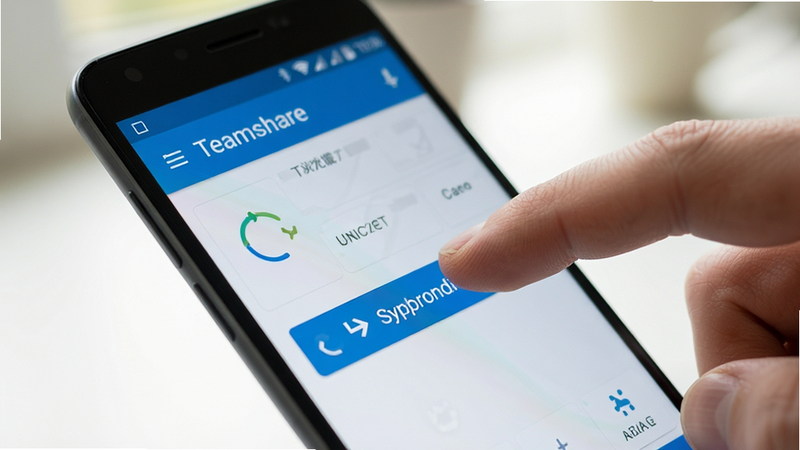 主体:一部安卓手机屏幕显示 Teamshare 应用界面,手指正在点击同步按钮。布局:手机倾斜放置,手指动作清晰。排版:聚焦操作界面,背景虚化。风格:写实摄影风,明亮清晰。细节:屏幕内容清晰可见,手指细节自然。画质:高清,干净,无多余元素,无文字