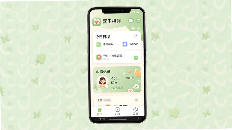 一张展示“喜乐相伴”安卓应用首页界面的高清截图,界面设计清新简约,主色调为暖白色搭配淡绿色点缀,顶部显示应用Logo和名称“喜乐相伴”,中间区域展示今日日程卡片和心情记录入口,底部导航栏包含“首页”、“记录”、“设置”三个图标,整体风格温馨治愈,无多余元素,8k分辨率,干净背景