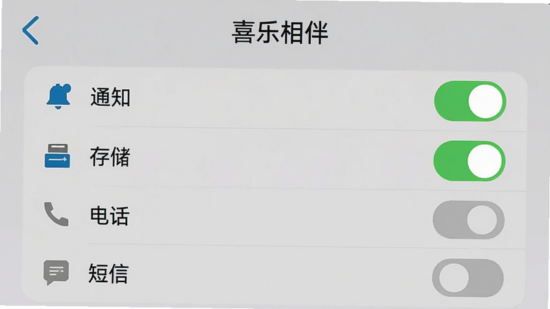手机设置界面截图,显示“喜乐相伴”应用的权限管理页面,其中“通知”、“存储”权限已开启,而“电话”、“短信”权限已关闭,界面清晰,按钮状态明确,背景简洁,无其他应用干扰,高清细节