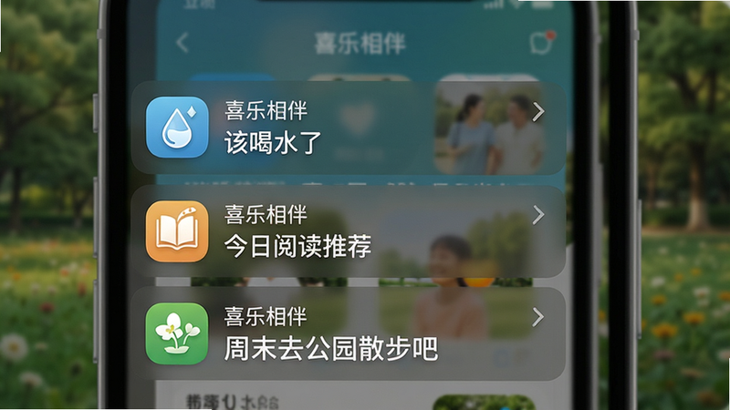 “喜乐相伴”应用推送通知界面模拟图,手机屏幕显示三条来自“喜乐相伴”的通知,内容分别为“该喝水了”、“今日阅读推荐”、“周末去公园散步吧”,通知图标清晰,背景虚化显示应用主界面,突出通知内容的可读性,风格清新自然,无其他干扰元素,高分辨率