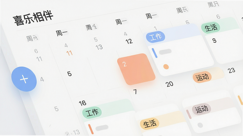 “喜乐相伴”应用内的日程管理界面特写,显示一个清晰的月历视图,当前日期高亮显示,周围标注着几个带有不同颜色标签的任务卡片,如“工作”、“生活”、“运动”,界面左侧有一个悬浮的添加按钮,设计风格现代扁平,色彩柔和,细节清晰,无杂乱背景,4k画质