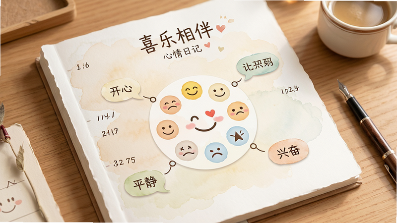 “喜乐相伴”心情日记页面展示,背景为淡雅的水彩纹理,中间有一个大的圆形表情选择器,周围环绕着几个日期节点,每个节点连接着简短的文字气泡,如“开心”、“平静”、“兴奋”,整体氛围温馨宁静,排版留白充足,体现人文关怀,高清细节