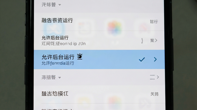 主体为手机设置界面截图,布局为列表式设置项,排版垂直居中,风格系统原生风,细节高亮显示“允许后台运行”选项,画质清晰,干净,无多余元素