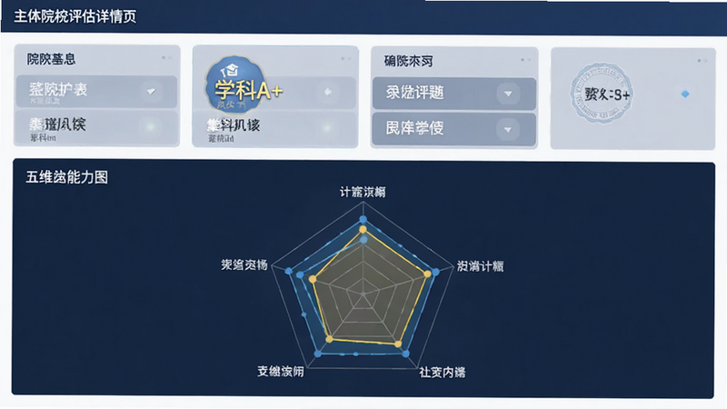 主体为院校评估详情页,布局为上下结构,上部为院校基本信息,下部为五维能力雷达图,排版紧凑,风格专业商务,细节包含学科A+标识,画质高清,干净,无多余元素