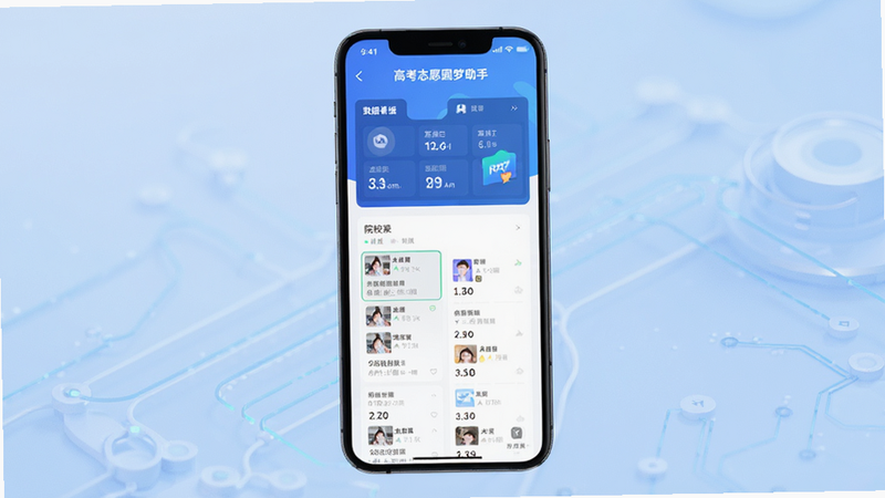 主体为“高考志愿圆梦助手”APP界面预览图,布局采用竖屏手机模型居中展示,背景为浅蓝色渐变科技感背景,排版简洁,风格扁平化设计,细节包含首页数据看板、院校列表卡片,画质高清,干净,无多余元素