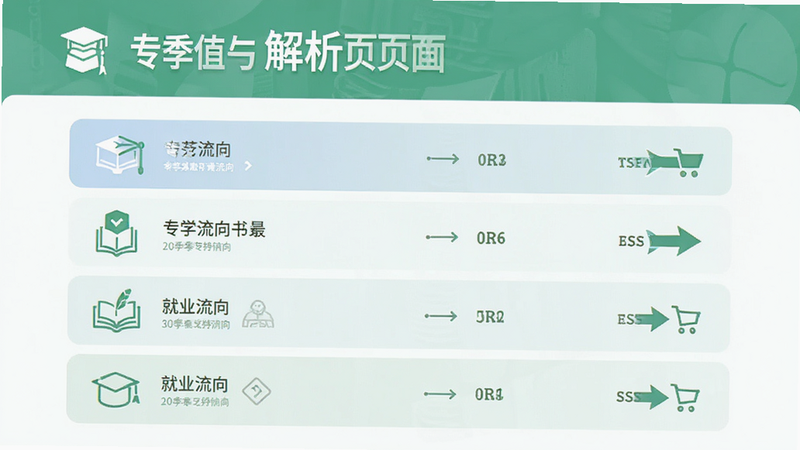 主体为专业解析页面,布局为列表式展示,排版整齐,风格清新教育风,细节包含专业图标与就业流向箭头,画质清晰,干净,无多余元素