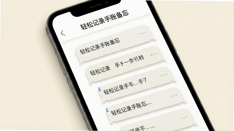 一张展示“轻松记录手账备忘”手机应用主界面的高清UI设计图,主体为手机屏幕,背景为柔和的米白色,屏幕中央显示聊天气泡样式的记录条目,布局整洁,排版清晰,风格简约现代,细节处有轻微的阴影效果以增强立体感,画质清晰,干净无多余元素,图中包含文字“轻松记录手账备忘”
