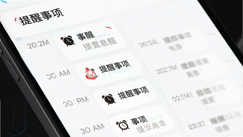 手机日历与提醒界面结合图,主体为时间轴列表,显示不同日期的记录条目,布局线性排列,排版清晰,风格简约科技风,细节展示闹钟图标和红色提醒标记,画质高清,干净无杂物,文字“提醒事项”