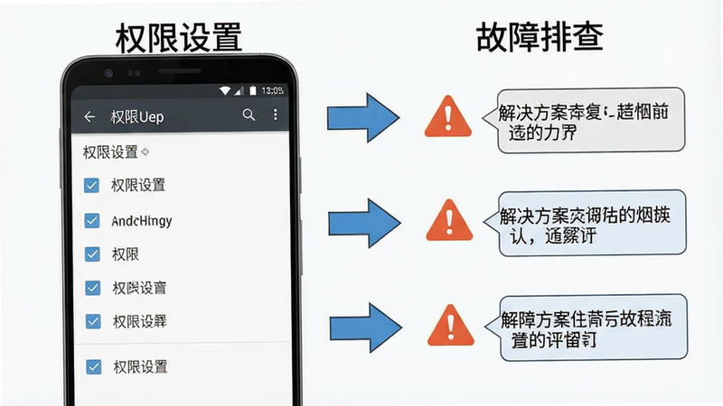 一张手机设置界面与错误排查流程图的组合设计图,主体为安卓系统的权限设置页面和故障排除步骤,布局为步骤化箭头指引,风格为简洁 instructional 风格,细节包含勾选框、警告图标和解决方案文本框,画质清晰,无多余装饰,文字清晰显示“权限设置”和“故障排查”