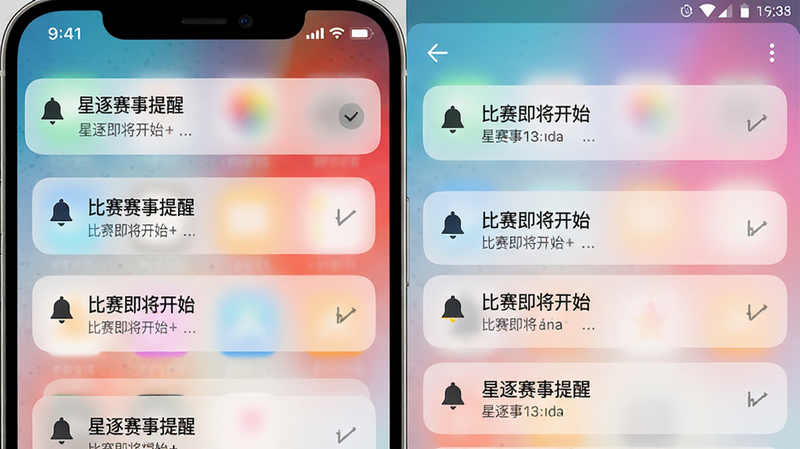 一张手机通知栏与应用设置界面的组合展示图,主体为推送通知卡片,布局为垂直排列,风格为iOS和Android通用的简洁UI设计,细节包含铃铛图标和“比赛即将开始”的文字提示,背景为柔和的渐变色,画质细腻,无多余噪点,文字清晰可读“星逐赛事提醒”
