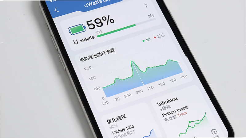 一张高清的智能手机屏幕界面图,主体是uWatts优瓦时App的主界面,布局整洁,顶部显示电池百分比和健康状态,中间是详细的电池循环次数图表,底部有优化建议卡片,风格极简科技风,细节清晰,画质高清,干净无多余元素,文字包含