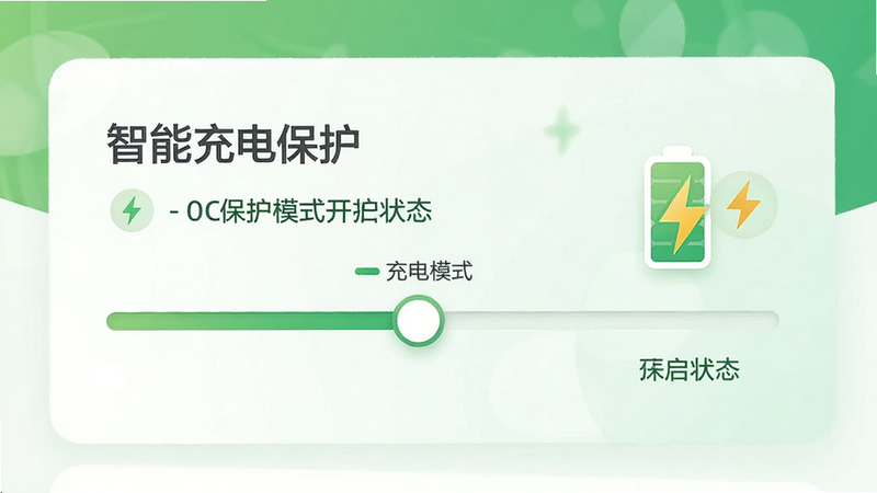 智能充电保护设置界面,主体是滑动条调节充电上限,旁边有电池充电图标和闪电标志,布局简洁,风格清新绿色系,细节包含保护模式开启状态提示,画质清晰,干净无多余元素,文字包含
