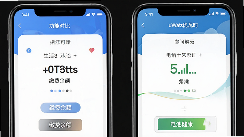 生活缴费App界面与uWatts优瓦时界面对比图,主体是两个手机屏幕并排,左侧显示缴费余额,右侧显示电池健康,布局对比式,风格简洁明了,细节包含功能标签区分,画质高清,干净无多余元素,文字包含