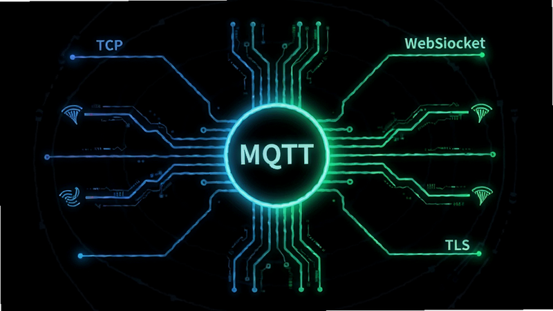 ����Ϊ�����������ʾ��ͼ��������һ������ġ�MQTT��ͼ�꣬��Χ�����Ŵ�����ͬЭ����������ֱ��ע��TCP������WebSocket������TLS��������Ϊ���ڣ���������ɫ����ɫ���䣬���ֶԳƣ����������ˣ�ϸ�ڷḻ�����ʸߣ������ָ���