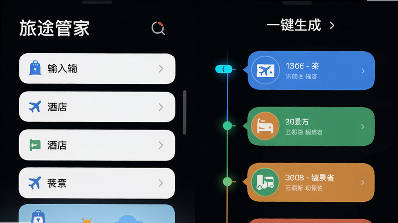展示“旅途管家”APP智能行程生成界面的概念图,左侧为输入框,右侧为自动生成的时间轴列表,包含机票、酒店、景点图标,文字标注“一键生成”,风格现代简约,色彩明亮,高分辨率,无水印