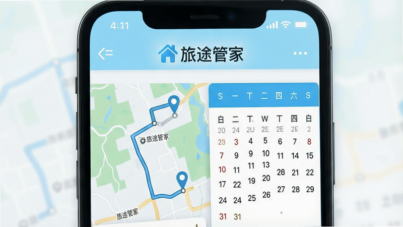 一张高清扁平化风格的手机屏幕特写图,主体为“旅途管家”APP界面,界面中央显示清晰的地图路线规划与日历视图,顶部导航栏醒目显示“旅途管家”Logo,配色以清新的天蓝色和白色为主,布局简洁有序,无多余装饰元素,4k高清,干净背景