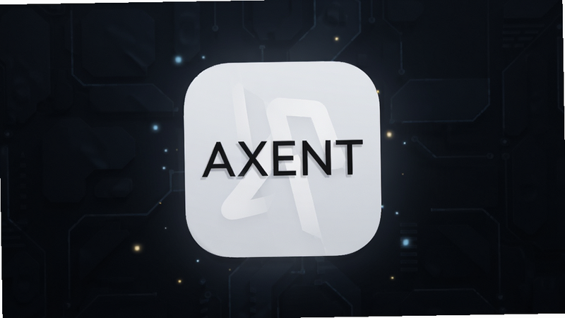 主体为 AXENT 应用图标悬浮在深色科技感背景中央,布局居中对称,排版简洁大方,风格为现代极简主义,细节包含柔和的光影效果与微弱的粒子光点,画质 8k 高清,干净无多余元素,文字