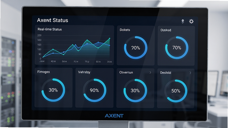 主体为 AXENT 监控面板界面,布局为网格状卡片设计,排版整齐有序,风格为数据可视化大屏,细节包含折线图与圆形进度环,画质高保真,干净,无多余元素,文字