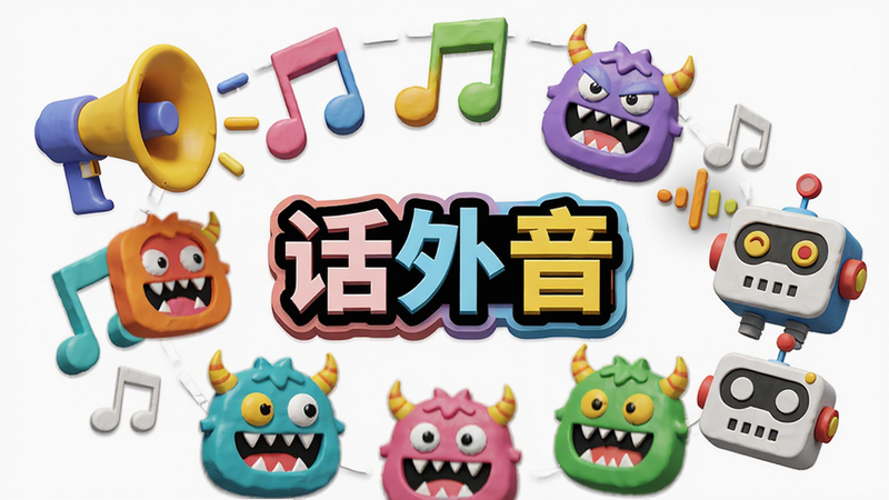 拼贴画风格,主体为多个悬浮的3D立体音效图标,包括小喇叭、音符、怪兽头像、机器人脸等,色彩鲜艳多彩,布局呈环形分布,中心突出“话外音”文字标签,排版具有层次感,细节丰富,风格活泼有趣,画质高保真,干净背景,无杂乱线条