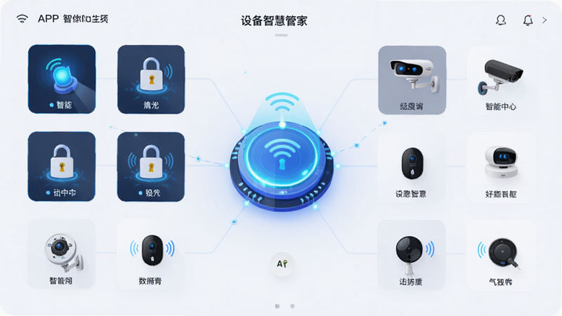 ����Ϊ���豸�ǻ۹ܼҡ�APP����ȫ��ͼ�����ֲ����ִ���ƽ����ƣ�����չʾһ�����������������Ŧ����Χ�����ŵƹ⡢����������ͷ�������豸ͼ�꣬�Ű��������򣬷��Ƽ���ǿ�ң�ϸ�ڷḻ�����廭�ʣ��ɾ��޶���Ԫ��