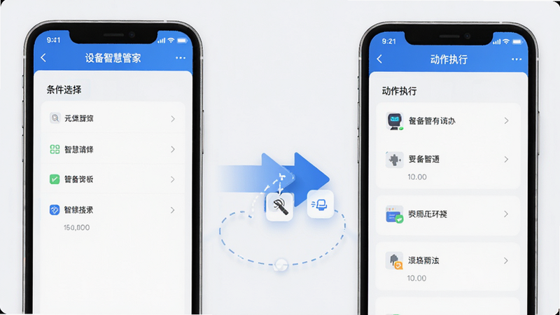 ����Ϊ���豸�ǻ۹ܼҡ�APP�ڵĳ����༭ҳ�棬���ַ�Ϊ�������ѡ�������Ҳද��ִ�������м��ü�ͷ���ӣ�����߼�������ϸ��չʾ��ק���ӵĽ����У�������Ⱦ���ɾ�������������Ԫ��