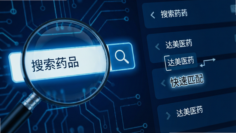 主体为搜索界面特写,布局左侧为搜索输入框高亮显示,右侧为搜索结果列表,排版紧凑,风格科技感深蓝色调,细节展示放大镜图标与列表项,画质清晰,干净,文字内容包含