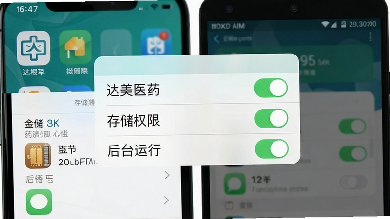主体为手机设置界面与权限管理弹窗,布局居中显示应用图标与权限开关,排版简洁,风格iOS与Android通用UI风格,细节包含权限列表、开关状态,画质清晰,干净,文字内容包含