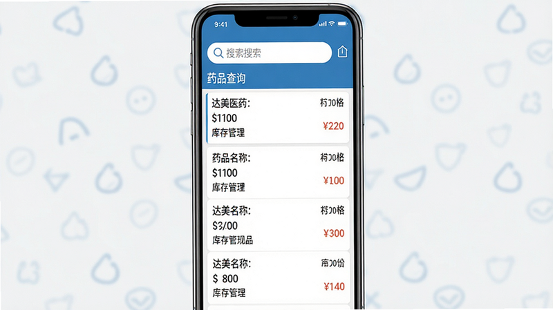 主体为达美医药安卓应用界面全屏展示,布局采用顶部搜索栏加中间列表视图,排版整洁有序,风格为扁平化商务蓝白配色,细节包含药品名称、价格、规格等清晰文字标签,画质高清8K,干净无多余元素,无水印,文字内容包含