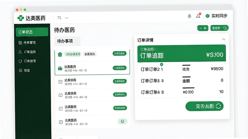 主体为订单管理界面,布局分为待办事项列表与订单详情卡片,排版清晰分层,风格明亮白色背景配绿色强调色,细节包含订单状态标签、金额显示,画质高清,干净,文字内容包含