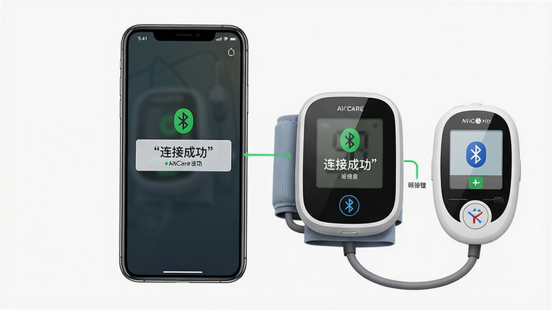 AICare�豸���ӽ���ʾ��ͼ������Ϊ�ֻ�������Ѫѹ�ơ�Ѫ���ǲ���չʾ���������ҶԳƣ��Ű����������дʵ�Ƽ���ϸ��չʾ�豸�ϵ�����ͼ�����ֻ���Ļ�ϵ����ӳɹ���ʾ�����ʸ��壬�ɾ����޶���Ԫ�أ�����