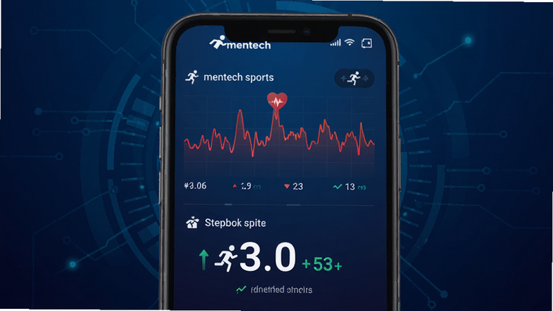 主体为 mentech sports 应用程序的手机屏幕界面截图,布局居中显示,背景为深蓝色渐变科技感底色,屏幕中央展示实时心率波形图和步数统计大字,排版简洁现代,风格为扁平化UI设计,细节处包含运动图标和实时数据刷新动画效果,画质高清,干净无多余元素,文字“mentech sports”清晰可见