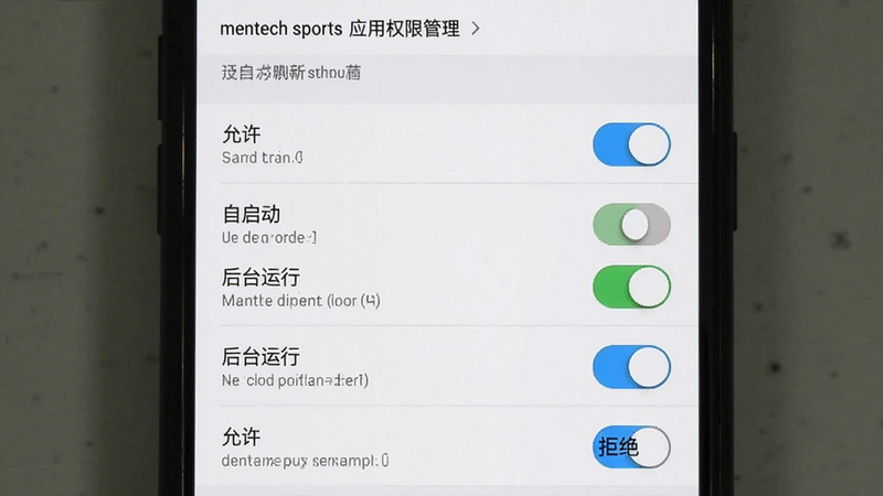 展示手机设置界面中关于 mentech sports 应用权限管理的截图,主体为权限开关列表,布局垂直排列,背景为系统默认白色,风格简洁,细节处显示“自启动”、“后台运行”等开关状态,画质清晰,干净,文字“允许”、“拒绝”清晰可见