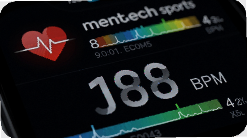 特写 mentech sports 应用的心率监测界面,主体为跳动的红色心形图标和实时心率数字,布局紧凑,背景为深色模式以突出数据,风格科技感强,细节处包含心率区间彩色条状图,画质高清,干净,文字“BPM”清晰显示