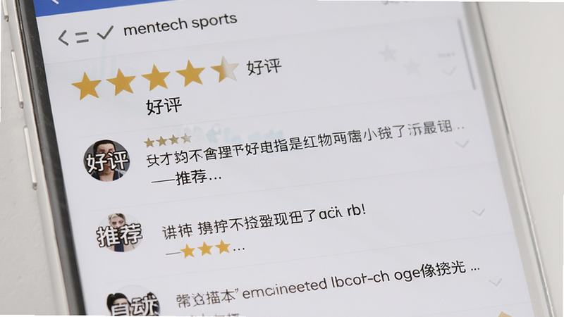 展示 mentech sports 应用的用户评价界面,主体为星级评分和评论列表,布局清晰,背景为浅灰色,风格真实自然,细节处显示五星好评和具体评论内容,画质高清,干净,文字“好评”、“推荐”清晰可见