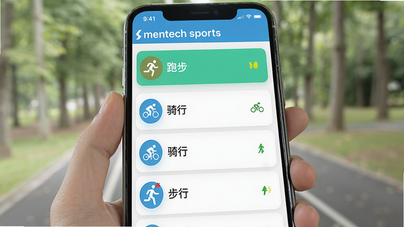 展示 mentech sports 应用中的运动模式选择界面,主体为列表式布局,包含跑步、骑行、步行等图标选项,排版整齐,风格清新明亮,细节处显示每个模式对应的实时状态指示灯,画质清晰,干净,文字“跑步”、“骑行”清晰可读