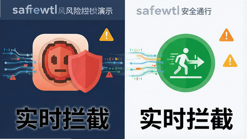 主体为 safewtl 风险拦截演示画面,布局左右分栏,左侧显示恶意应用图标被红色盾牌阻挡,右侧显示绿色安全通行标识,排版对称,风格扁平化,细节包含数据流动效与警告标志,文字