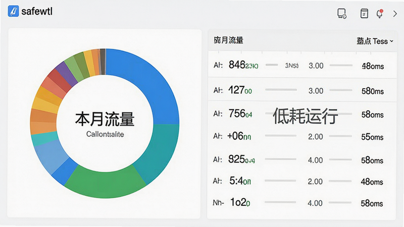 主体为 safewtl 流量监控界面,布局为环形图表与列表结合,背景白色,排版紧凑,风格商务,细节包含流量数字与时间轴,文字
