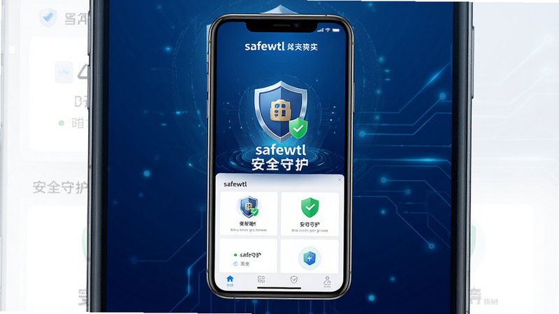 主体为 safewtl 软件界面全貌展示,布局为手机屏幕居中,背景为深蓝色科技渐变,排版清晰,风格简约现代,细节包含盾牌图标与绿色安全标识,文字