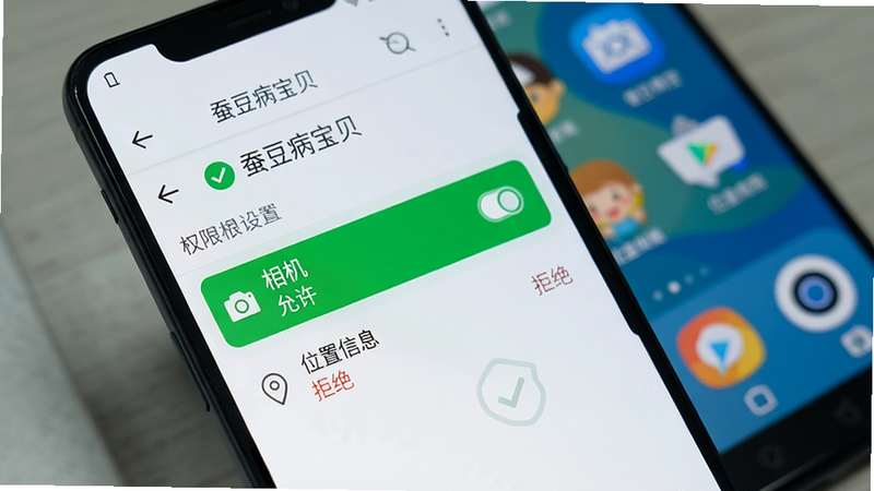 主体为一部安卓手机,屏幕上显示“蚕豆病宝贝”APP的权限设置页面,高亮显示