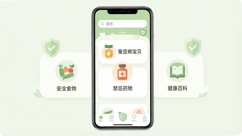 主体为手机界面展示“蚕豆病宝贝”APP首页,布局清晰简洁,顶部为搜索栏,中间为“安全食物”、“禁忌药物”、“健康百科”三个核心模块图标,底部为导航栏。排版采用扁平化设计,风格温馨柔和,使用淡绿色和白色为主色调,细节处有盾牌图标象征安全保护,画质高清,干净无多余元素,文字清晰可见
