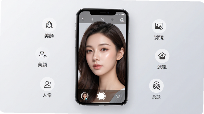 展示美颜写真照神器APP的主界面,主体为手机屏幕居中显示,背景为柔和的浅灰色渐变,屏幕内显示一张经过美化的人像照片,周围环绕着简洁的功能图标如“美颜”、“滤镜”、“人像”,排版整洁,风格现代简约,细节清晰,画质高清,干净无多余元素,文字标签清晰可见,整体视觉舒适