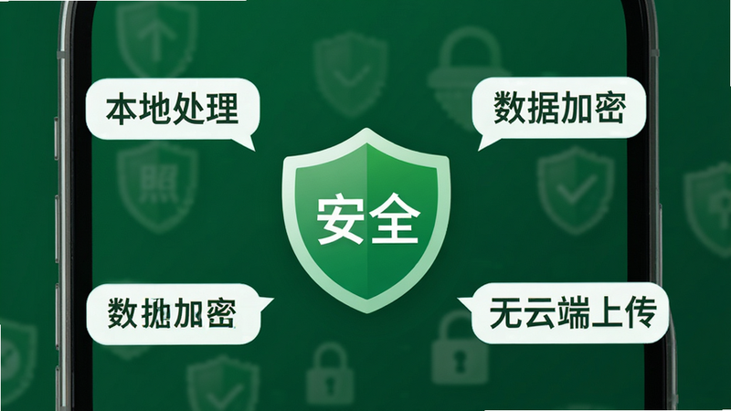 展示美颜写真照神器的安全隐私设置界面,主体为手机屏幕,显示一个绿色的盾牌图标,周围环绕着“本地处理”、“数据加密”、“无云端上传”等文字标签,背景为深绿色,排版严谨,风格安全可信,细节清晰,画质高清,干净无多余元素,文字标签“安全”清晰