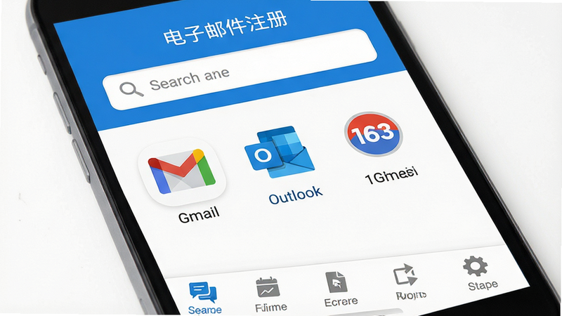 ����Ϊ�ֻ���Ļ���棬��ʾ�������ʼ�ע�ᡱAPP��ҳ����������������Ϊ���������в��г�Gmail��Outlook��163������ͼ�꣬�ײ�Ϊ���ܵ��������Ű����룬���Ϊ��ƽ��UI��ƣ�ϸ�ڰ�����ɫ��ɫ�����ɫ���������ʸ��壬�ɾ��޶���Ԫ��
