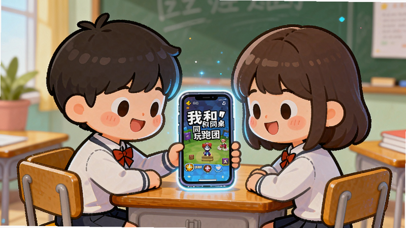 两个卡通学生角色坐在课桌前,共同注视着一个发光的手机屏幕,屏幕上显示“我和同桌玩跑团”的游戏画面,氛围友好轻松,色彩鲜艳,构图居中,风格可爱治愈,细节丰富,画质超清,无杂乱背景