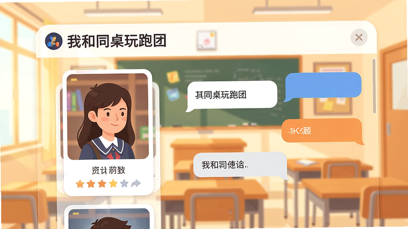 一张高清数字插画,主体是“我和同桌玩跑团”App的首页界面预览,布局整洁,左侧显示角色卡片,右侧为对话气泡,背景为明亮的教室场景,色调温馨,风格扁平化,细节清晰,画质4k,无多余元素,干净简洁