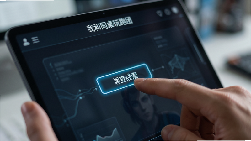 展示“我和同桌玩跑团”操作界面的特写,手指正在点击屏幕上的“调查线索”按钮,界面元素简洁,高亮显示选中项,背景虚化,突出交互体验,风格现代科技,细节锐利,画质高清,干净无噪点